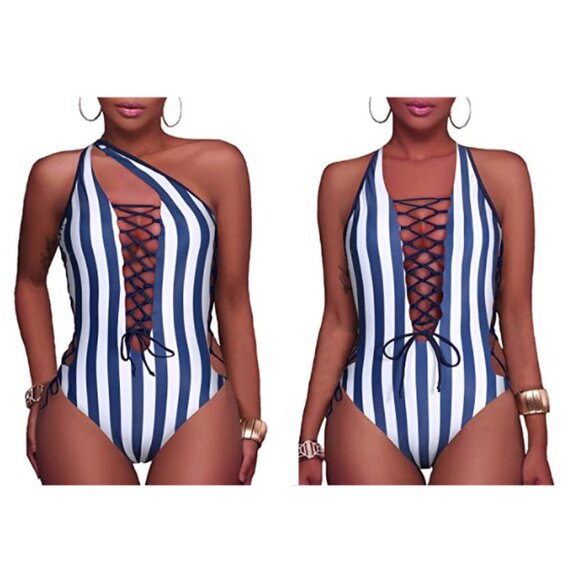 Holipick Women's Plunge V Neck Lace Up Open Back One Piece Swimsuit Sz Large NWT - Picture 1 of 6